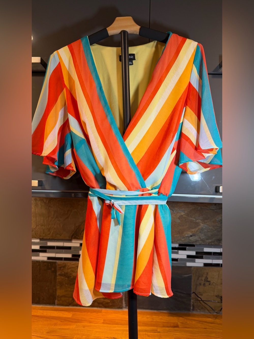City Chic Multi-Stripe Wrap Shirt - Vibrant Orange, Yellow & Teal, size 16